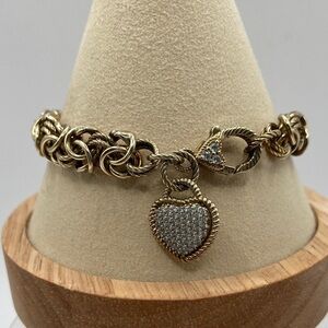 Judith Ripka Bracelet 14K Gold Clad 925 Byzantine Pave’ CZ Heart Charm 8 1/4”L